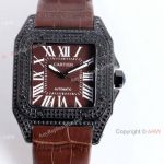 AAA Copy Cartier Santos De Iced Out Brown Dial Leather Band